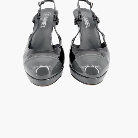 Chanel Cap Toe Slingback Pump Size 38.5 US 7.5-8 Black Patent Platform High Heel - Picture 5 of 14